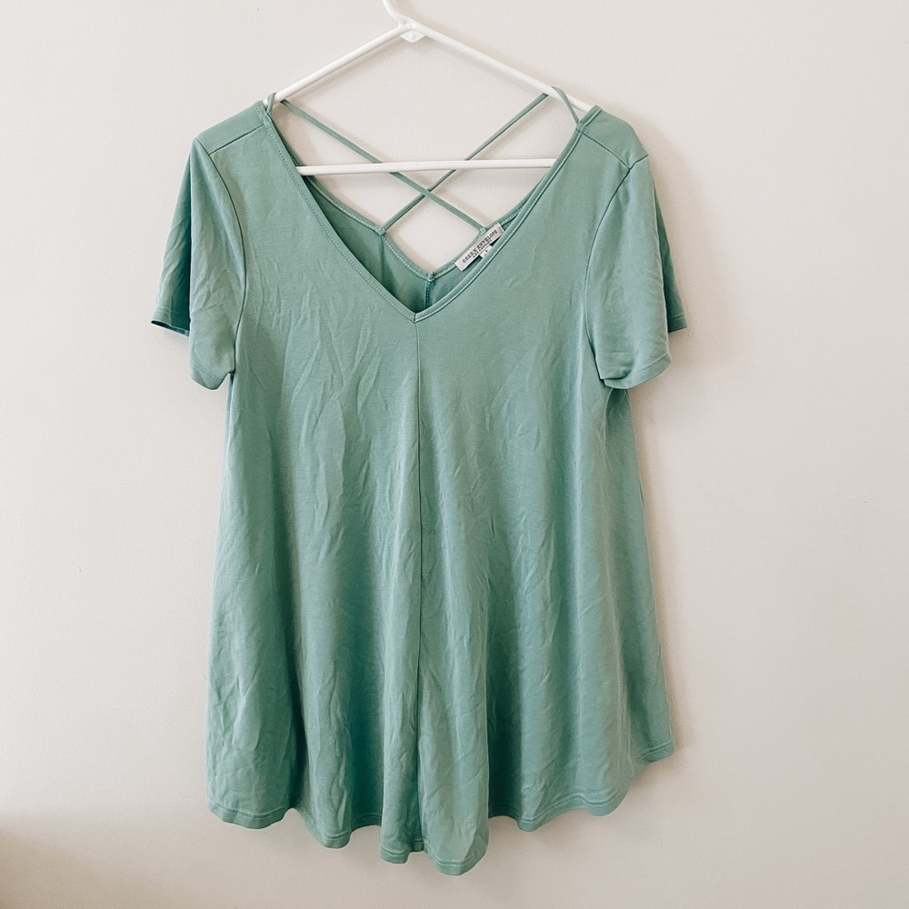 💖 Green Envelope - Women’s Teal Short Sleeve Top with Criss Cross neckline